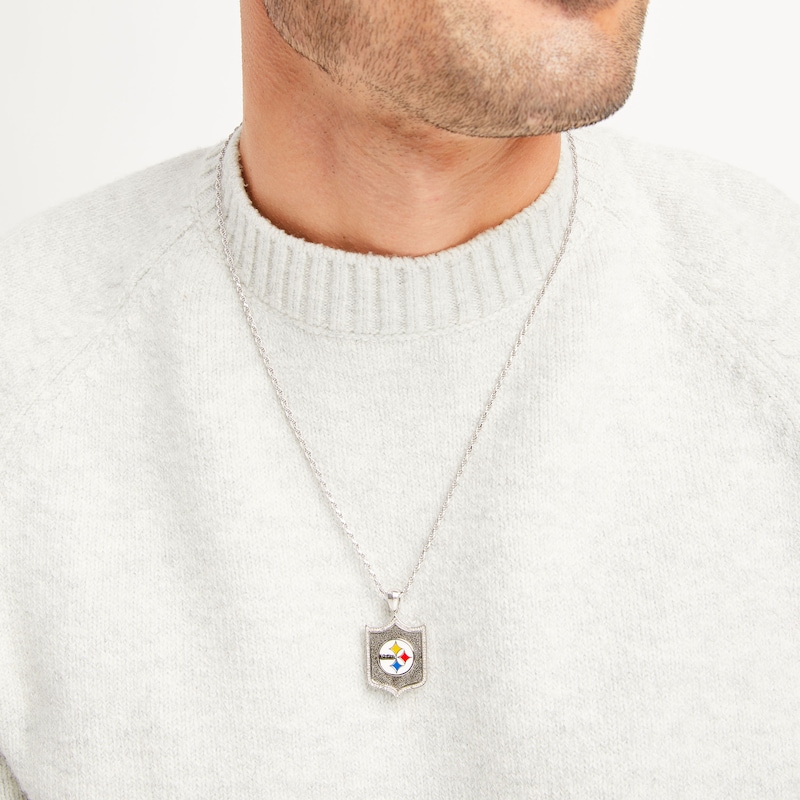 Main Image 4 of True Fans Pittsburgh Steelers 1/5 CT. T.W. Diamond and Enamel Reversible Shield Necklace in Sterling Silver