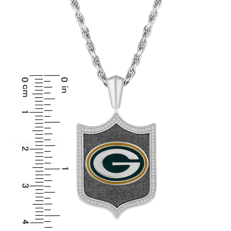 Main Image 3 of True Fans Green Bay Packers 1/5 CT. T.W. Diamond and Enamel Reversible Shield Necklace in Sterling Silver