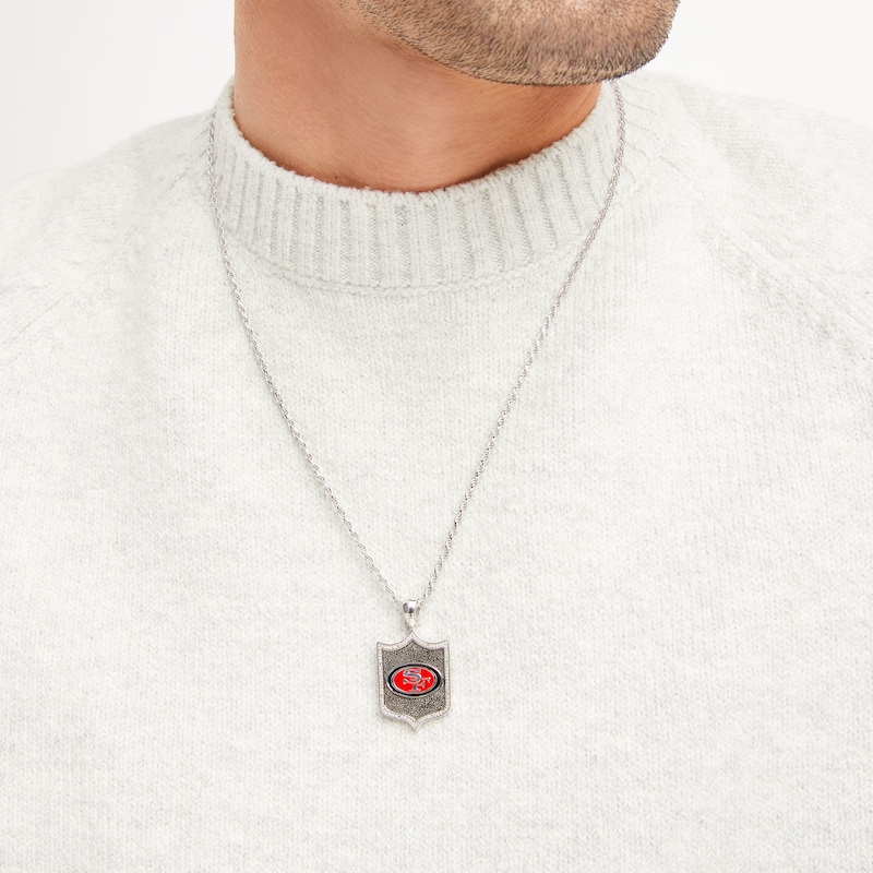Main Image 4 of True Fans San Francisco 49ers 1/5 CT. T.W. Diamond and Enamel Reversible Shield Necklace in Sterling Silver