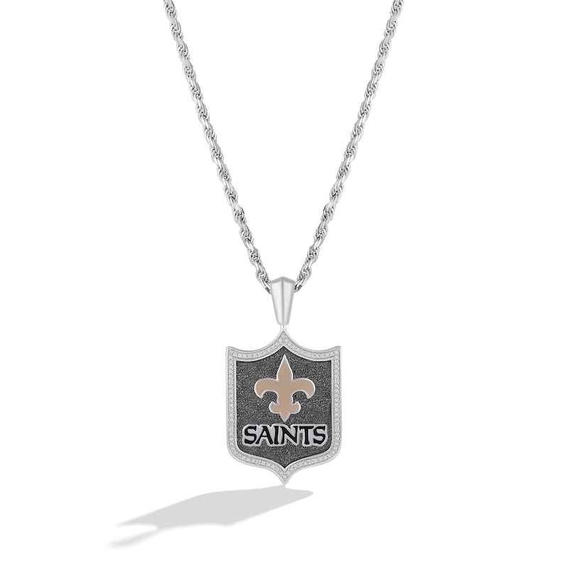 Main Image 1 of True Fans New Orleans Saints 1/5 CT. T.W. Diamond and Enamel Reversible Shield Necklace in Sterling Silver