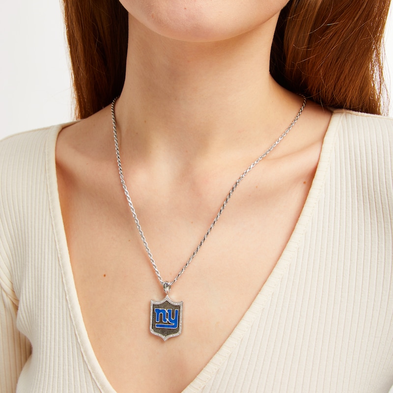 Main Image 4 of True Fans New York Giants 1/5 CT. T.W. Diamond and Enamel Reversible Shield Necklace in Sterling Silver