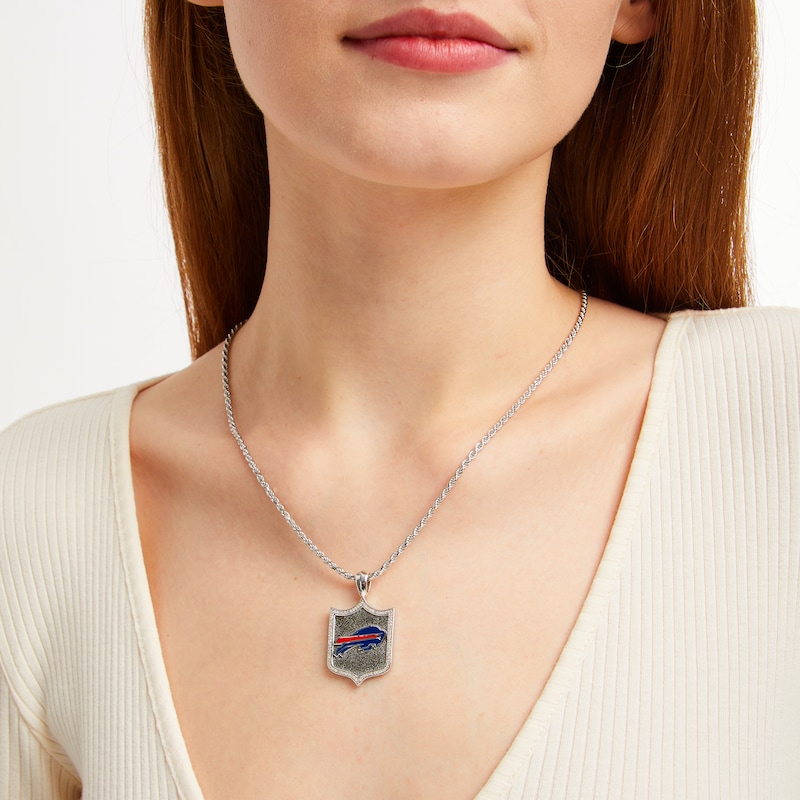 Main Image 4 of True Fans Buffalo Bills 1/5 CT. T.W. Diamond and Enamel Reversible Shield Necklace in Sterling Silver