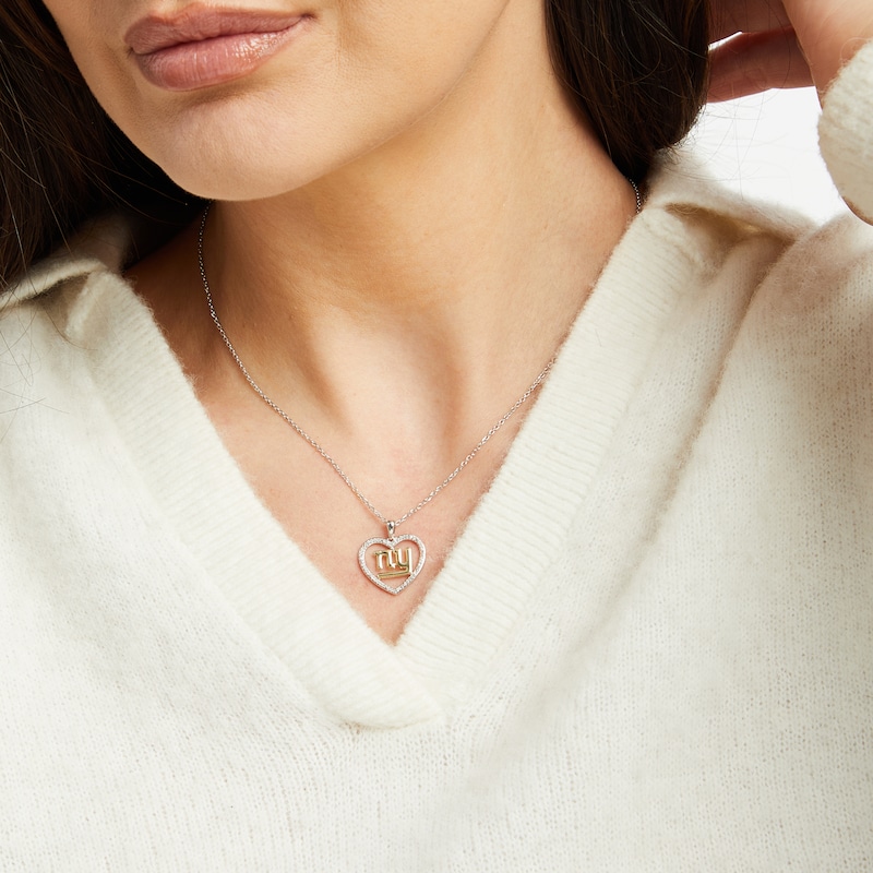 Main Image 2 of True Fans New York Giants 1/10 CT. T.W. Diamond Heart Necklace in Sterling Silver & 10K Yellow Gold