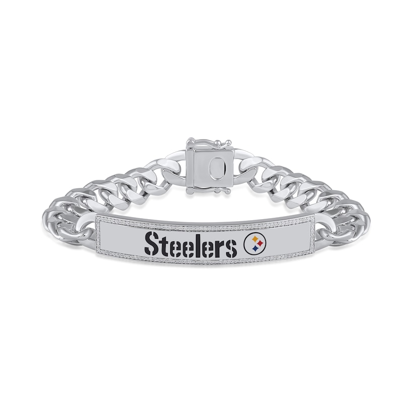 Main Image 1 of True Fans Pittsburgh Steelers 1/6 CT. T.W. Diamond Logo ID Bracelet in Sterling Silver