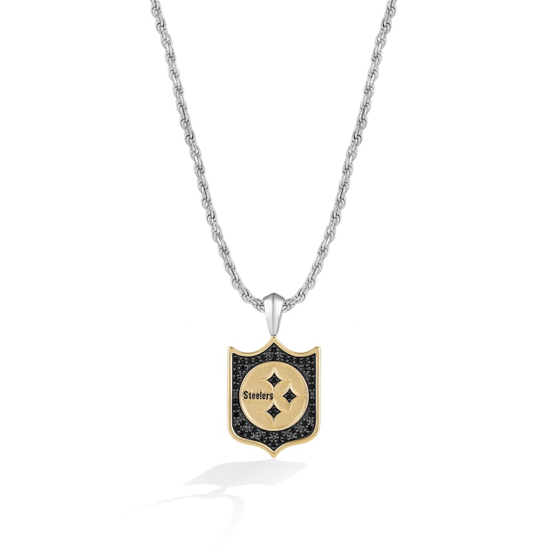 Main Image 1 of True Fans Pittsburgh Steelers 3/8 CT. T.W. Black Diamond and Enamel Reversible Shield Necklace in 10K Yellow Gold & Sterling Silver