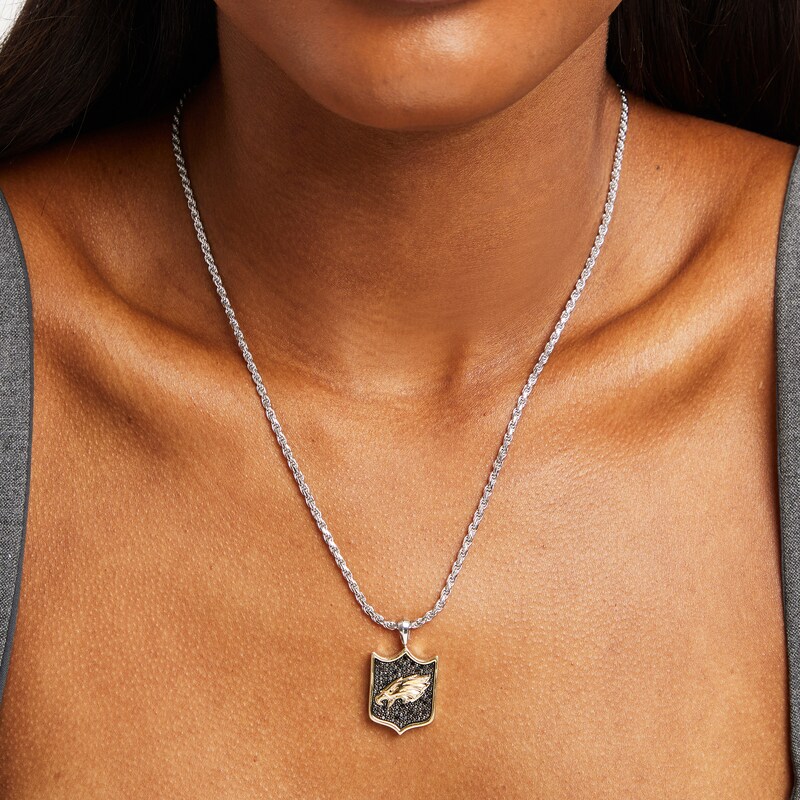 Main Image 3 of True Fans Philadelphia Eagles 3/8 CT. T.W. Black Diamond and Enamel Reversible Shield Necklace in 10K Yellow Gold & Sterling Silver