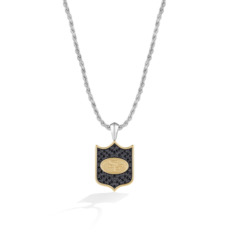 Main Image 1 of True Fans San Francisco 49ers 3/8 CT. T.W. Black Diamond and Enamel Reversible Shield Necklace in 10K Yellow Gold & Sterling Silver