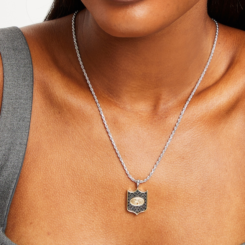 Main Image 3 of True Fans San Francisco 49ers 3/8 CT. T.W. Black Diamond and Enamel Reversible Shield Necklace in 10K Yellow Gold & Sterling Silver