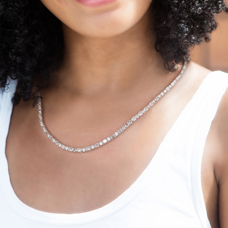 Main Image 4 of Emerald & Round-Cut Diamond Tennis Necklace 12-1/2 ct tw 14K White Gold 16&quot;