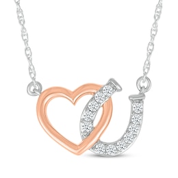 Diamond Horseshoe & Heart Necklace 1/15 ct tw Sterling Silver & 10K Rose Gold 18"