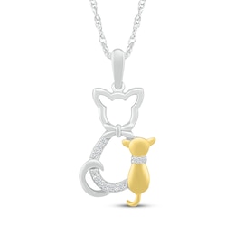 Diamond Cat & Kitten Necklace 1/20 ct tw Sterling Silver & 10K Yellow Gold 18"