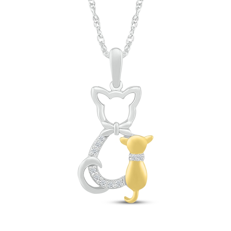 Main Image 1 of Diamond Cat & Kitten Necklace 1/20 ct tw Sterling Silver & 10K Yellow Gold 18&quot;