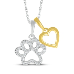 Diamond Heart & Paw Print Necklace 1/15 ct tw Sterling Silver & 10K Yellow Gold 18"