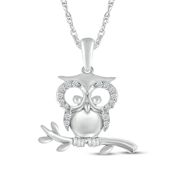 Diamond Owl & Branch Necklace 1/15 ct tw Sterling Silver 18"