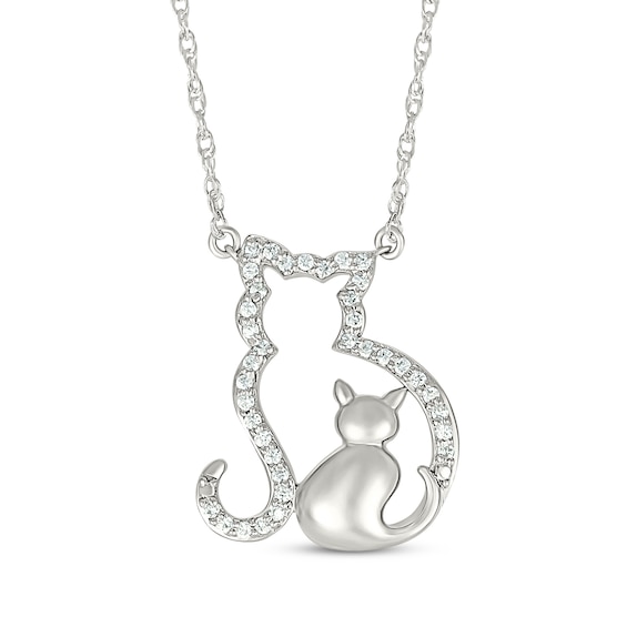 Diamond Cat & Kitten Necklace 1/6 ct tw Sterling Silver 18"