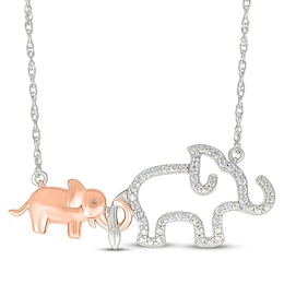 Diamond Mother & Baby Elephant Necklace 1/10 ct tw Sterling Silver & 10K Rose Gold 18"