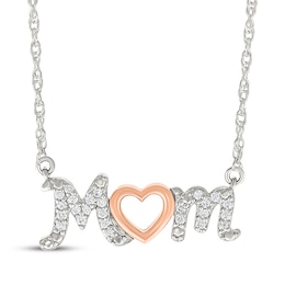 Diamond "Mom" Heart Necklace 1/10 ct tw Sterling Silver & 10K Rose Gold 18"