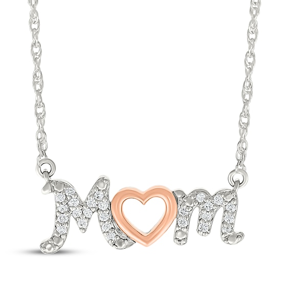 Diamond "Mom" Heart Necklace 1/10 ct tw Sterling Silver & 10K Rose Gold 18"