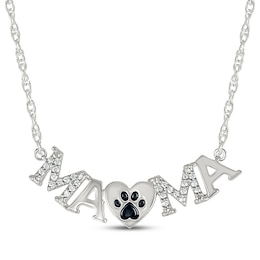 Diamond "Mama" Paw Print Heart Necklace 1/10 ct tw Sterling Silver 18"