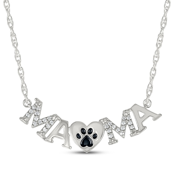 Diamond "Mama" Paw Print Heart Necklace 1/10 ct tw Sterling Silver 18"