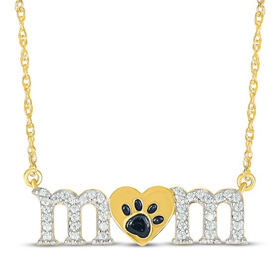Diamond "Mom" Paw Print Heart Necklace 1/10 ct tw 10K Yellow Gold 18"