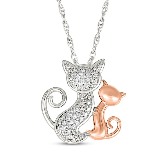 Diamond Mother Cat & Kitten Necklace 1/10 ct tw Sterling Silver & 10K Rose Gold 18"