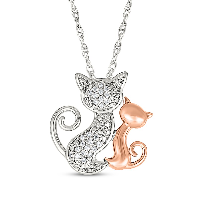 Main Image 1 of Diamond Mother Cat & Kitten Necklace 1/10 ct tw Sterling Silver & 10K Rose Gold 18&quot;