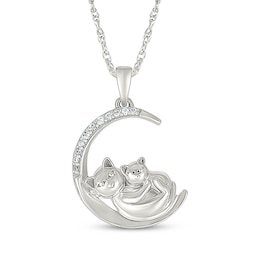 Diamond Crescent Moon Mother Cat & Kitten Necklace 1/20 ct tw Sterling Silver 18"