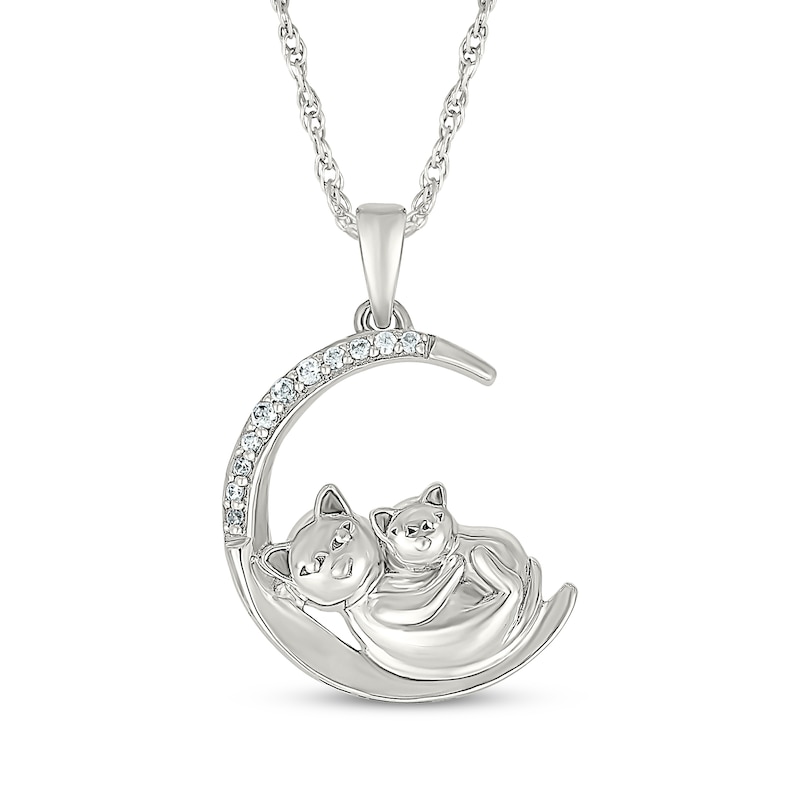 Main Image 1 of Diamond Crescent Moon Mother Cat & Kitten Necklace 1/20 ct tw Sterling Silver 18&quot;