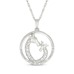 Mother & Baby Giraffes Diamond Accent Circle Necklace Sterling Silver 18"