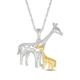 Diamond Mother & Baby Giraffe Necklace 1/20 ct tw Sterling Silver & 10K Yellow Gold 18"