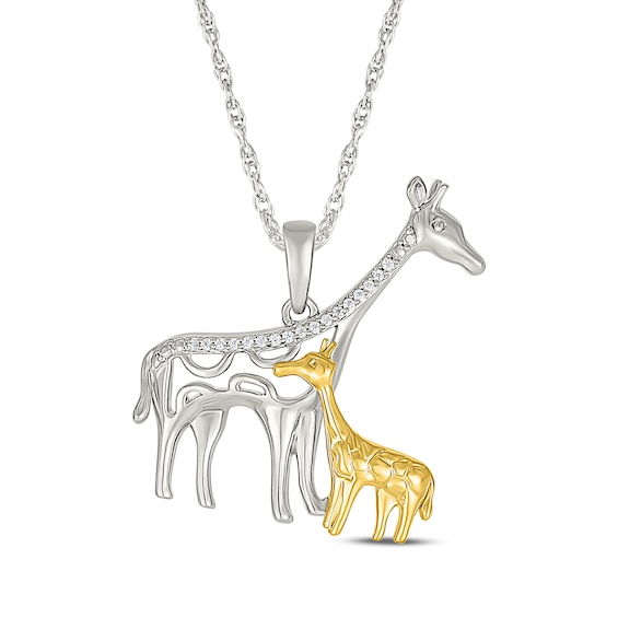 Diamond Mother & Baby Giraffe Necklace 1/20 ct tw Sterling Silver & 10K Yellow Gold 18"