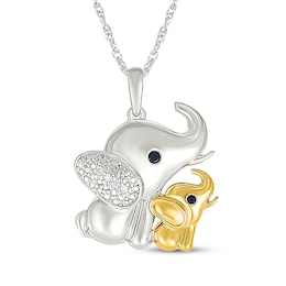 Mother & Baby Elephant Diamond Accent Necklace Sterling Silver & 10K Yellow Gold 18"