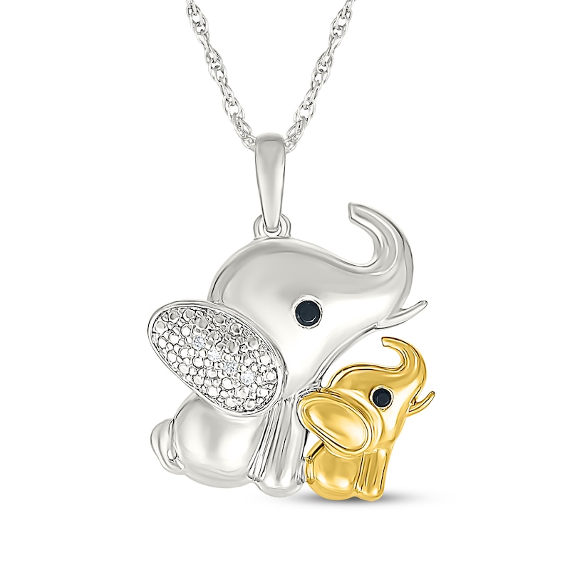 Main Image 1 of Mother & Baby Elephant Diamond Accent Necklace Sterling Silver & 10K Yellow Gold 18&quot;