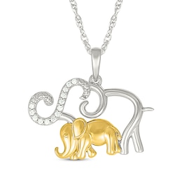 Diamond Mother & Baby Elephant Necklace 1/20 ct tw Sterling Silver & 10K Yellow Gold 18"