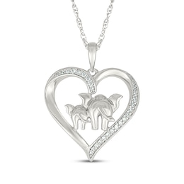 Diamond Heart Mother & Baby Elephant Necklace 1/8 ct tw Sterling Silver 18"