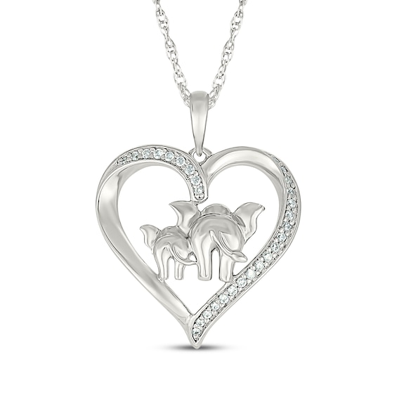 Diamond Heart Mother & Baby Elephant Necklace 1/8 ct tw Sterling Silver 18"