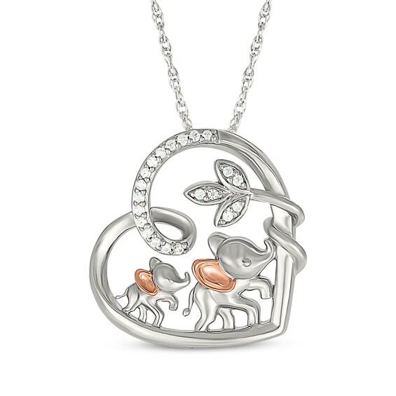 Diamond Elephants Tilted Heart Necklace 1/10 ct tw Sterling Silver & 10K Rose Gold 18"