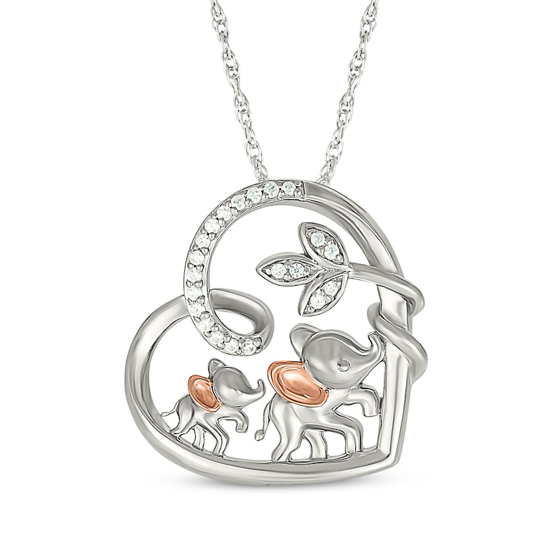 Main Image 1 of Diamond Elephants Tilted Heart Necklace 1/10 ct tw Sterling Silver & 10K Rose Gold 18"