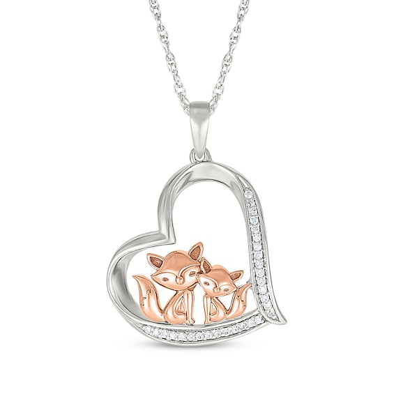 Diamond Foxes Tilted Heart Necklace 1/15 ct tw Sterling Silver & 10K Rose Gold 18"