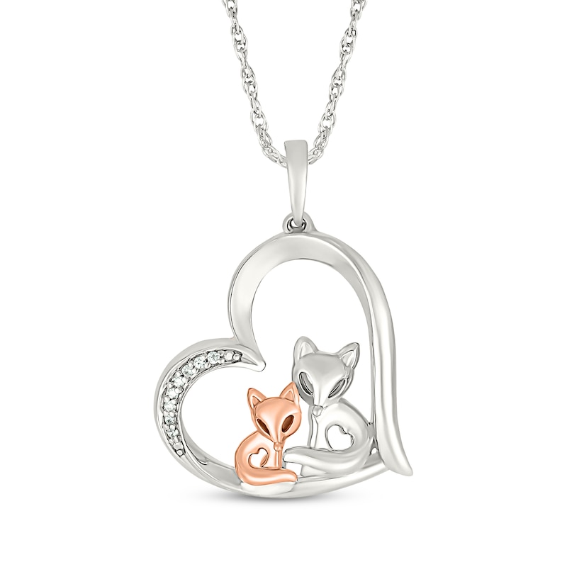 Main Image 1 of Diamond Accent Foxes Tilted Heart Necklace Sterling Silver & 10K Rose Gold 18&quot;