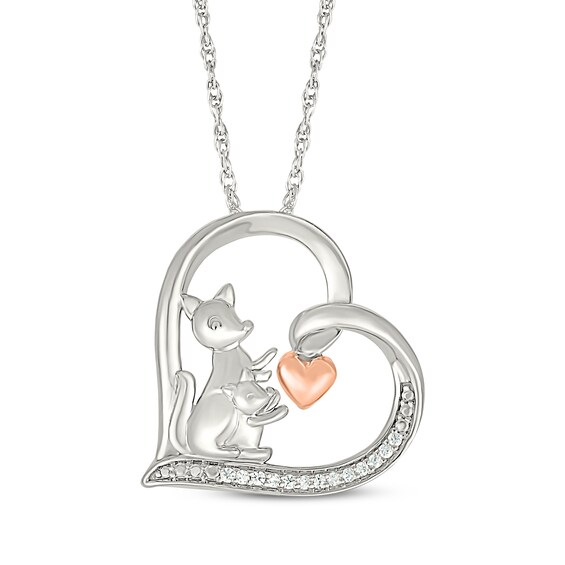 Diamond Kangaroos Tilted Heart Necklace 1/20 ct tw Sterling Silver & 10K Rose Gold 18"