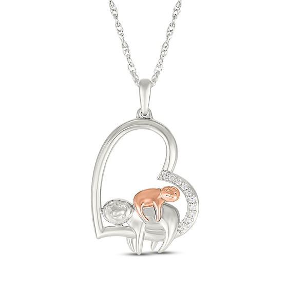 Diamond Sloths Tilted Heart Necklace 1/20 ct tw Sterling SIlver & 10K Rose Gold 18"