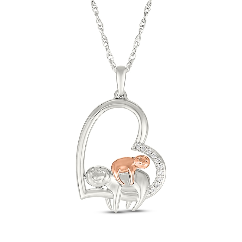 Main Image 1 of Diamond Sloths Tilted Heart Necklace 1/20 ct tw Sterling SIlver & 10K Rose Gold 18&quot;