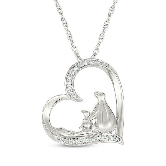 Diamond Polar Bears Tilted Heart Necklace 1/10 ct tw Sterling Silver 18"