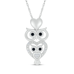 Black & White Diamond Stacked Owl & Hearts Necklace 1/10 ct tw Sterling Silver 18"