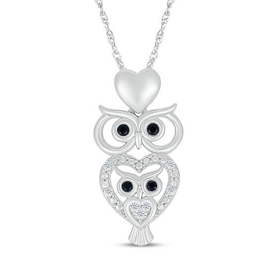 Black & White Diamond Stacked Owl & Hearts Necklace 1/10 ct tw Sterling Silver 18"