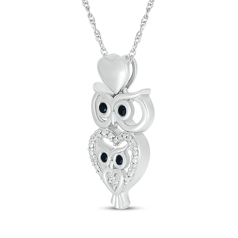 Main Image 2 of Black & White Diamond Stacked Owl & Hearts Necklace 1/10 ct tw Sterling Silver 18&quot;