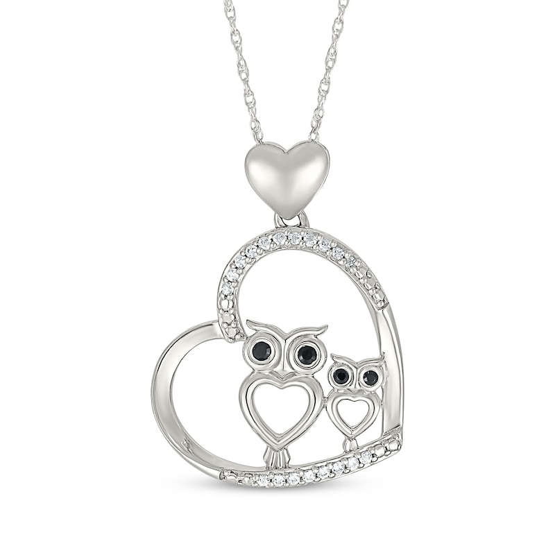 Main Image 1 of Black & White Diamond Heart Owls Necklace 1/10 ct tw Sterling Silver 18&quot;