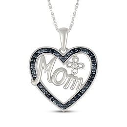 Black & White Diamond "Mom" Heart with Flower Necklace 1/10 ct tw Sterling Silver 18"